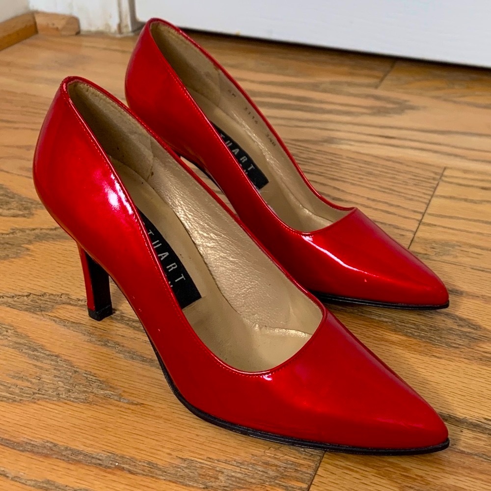 Stuart Weitzman Red Patent Leather Pointed Toe Pumps